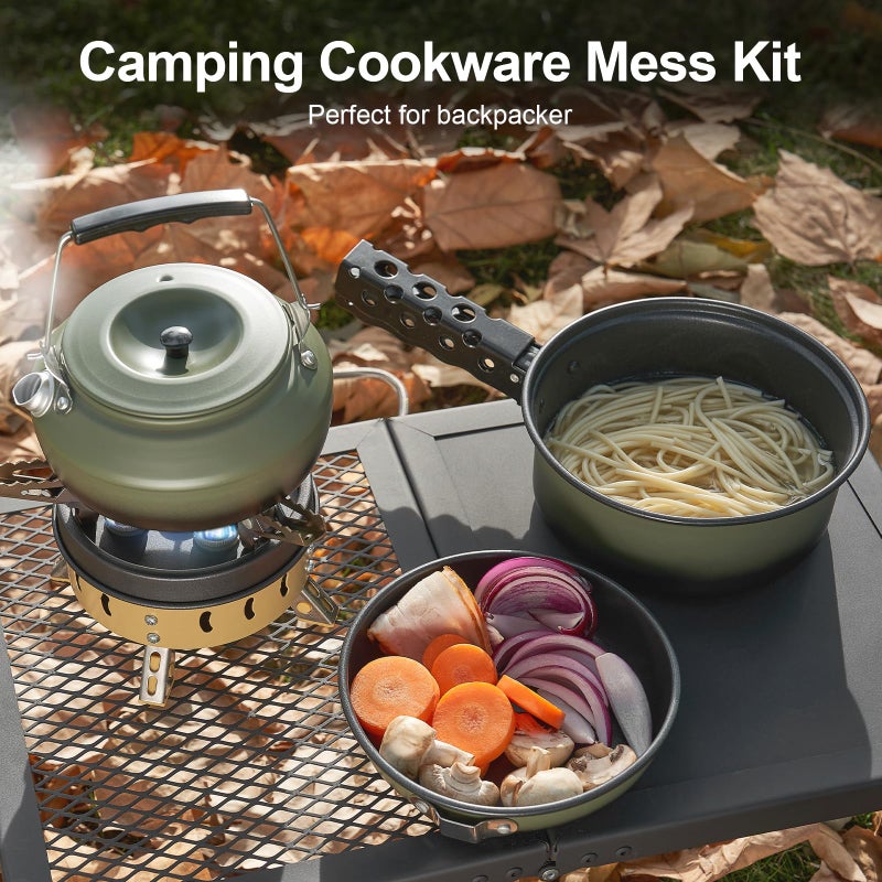 Odoland 5pcs Camping Cookware Non-Stick Camping Pot and Pan Set with Kettle and Removable Handle for Hiking Backpacking and Picnic - Image 3